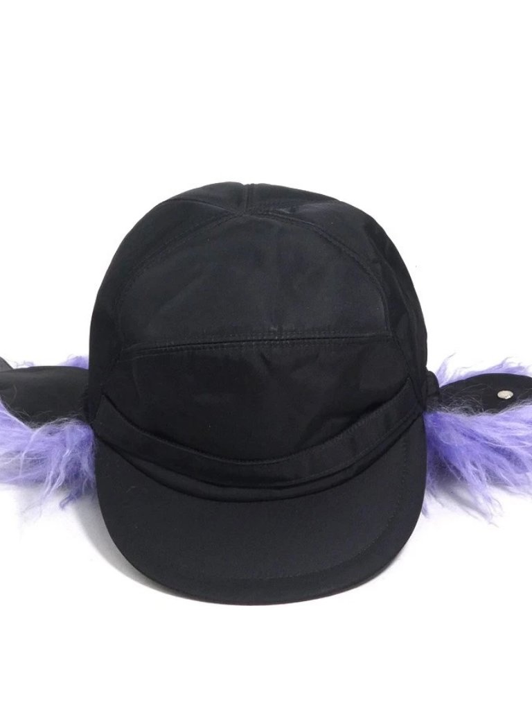 Auth Prada Cap Black/Purple Nylon/Mohair/Silvertone